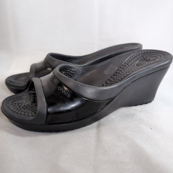 CROCS Sassari Wedge Sandals Heels Black Women's US 8 Slide Comfort Open Toe - Picture 1 of 15